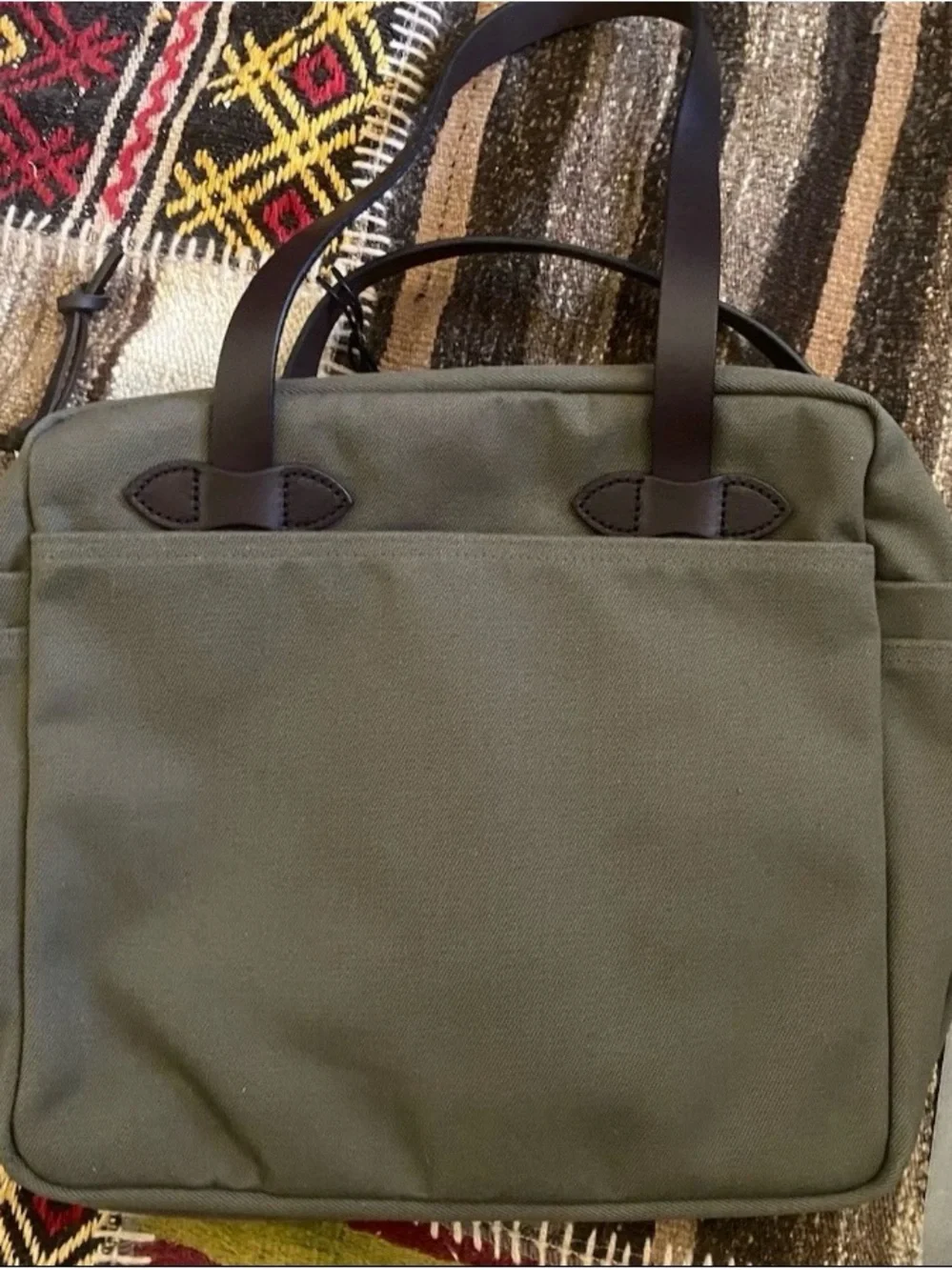 Filson Olive Green Tote with Brown Leather Straps